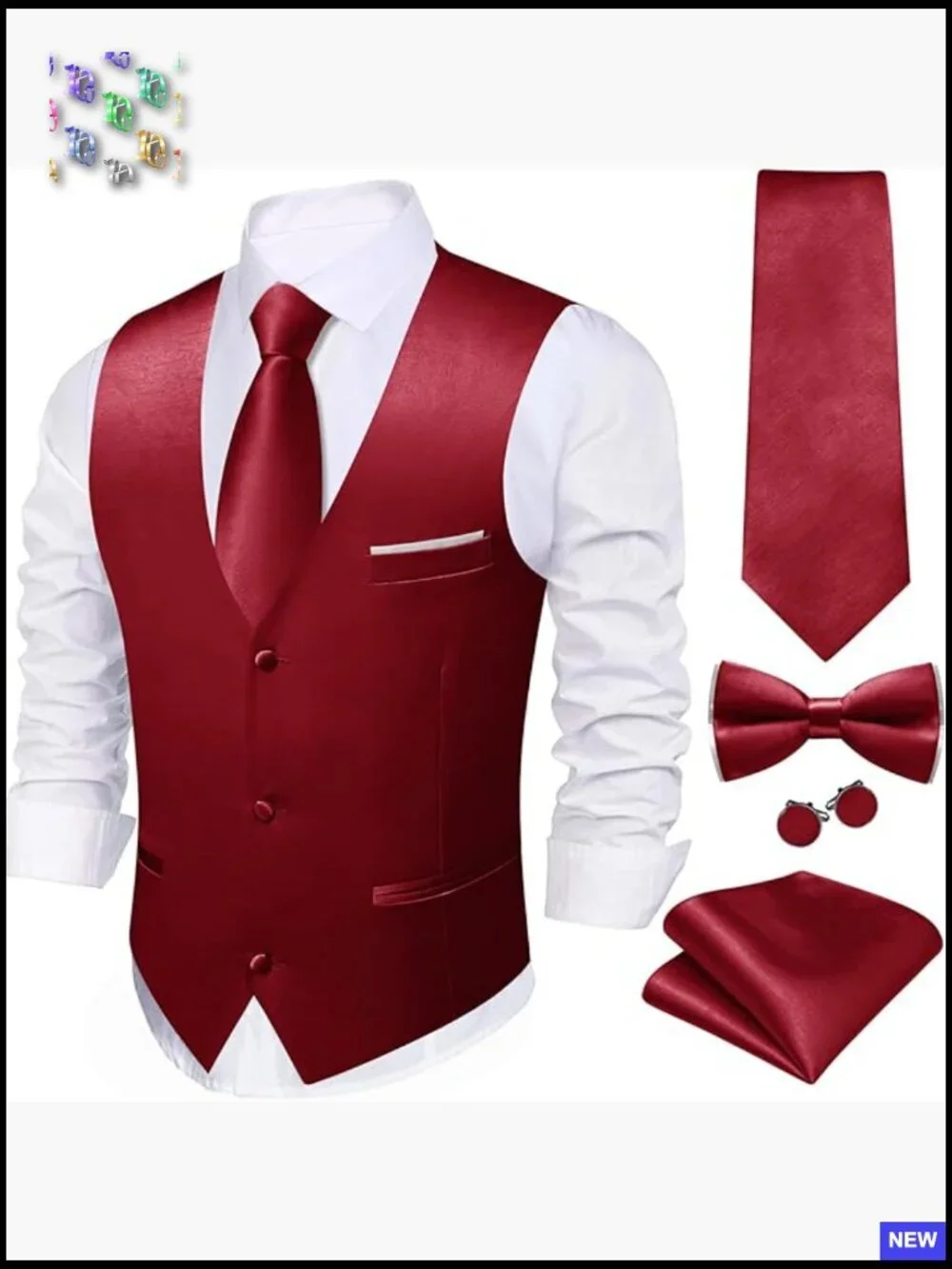Men's Satin Vest Set Formal Business Wedding Tuxedo Accessories 5PCS
